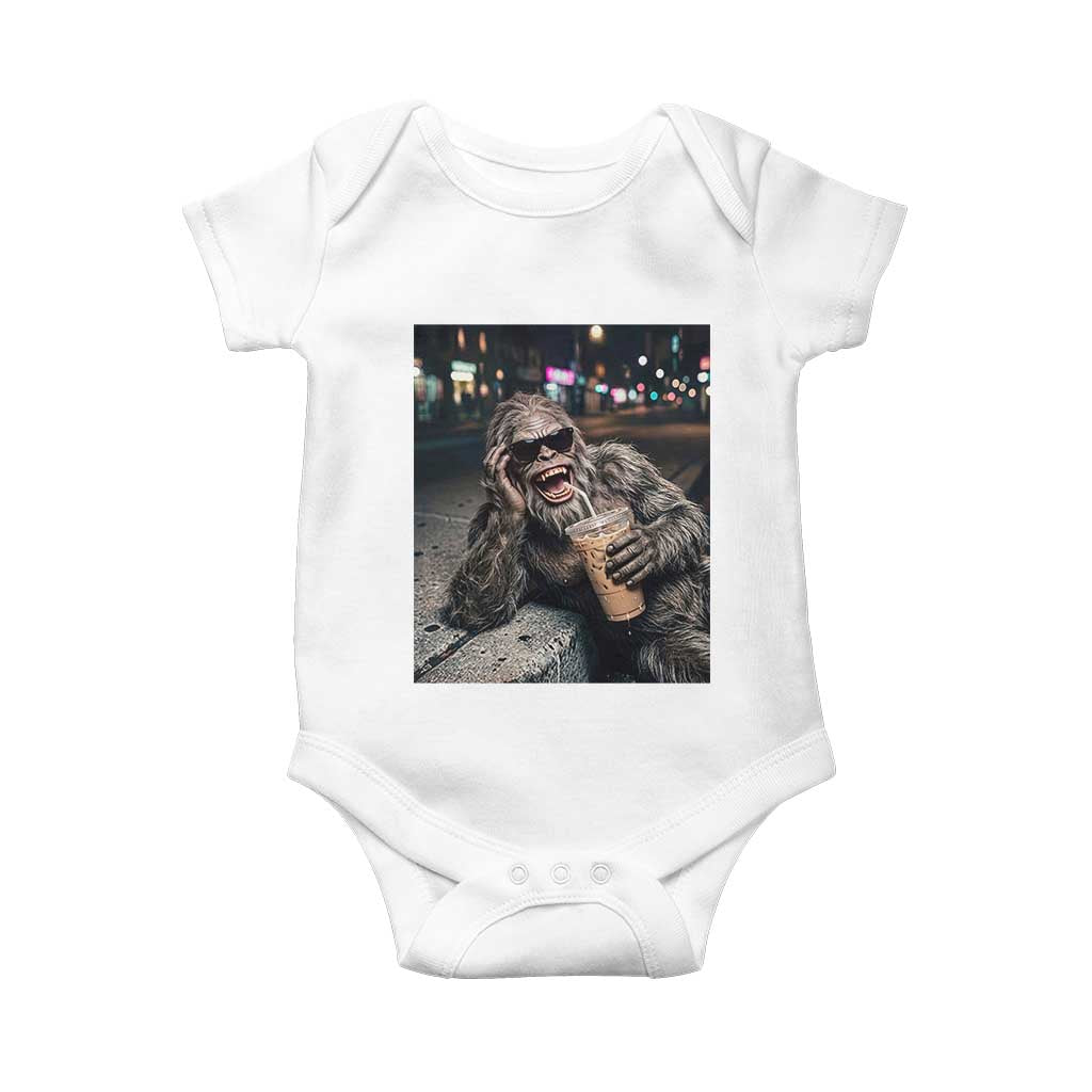 Bigfoot Drinking Iced Coffee Baby Onesie Funny Sasquatch Streetwear TS14 White Print Your Wear