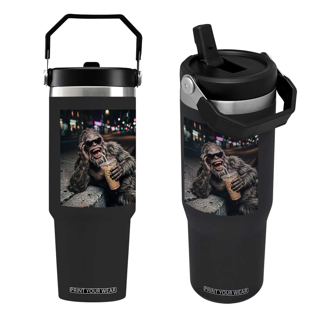 Bigfoot Drinking Iced Coffee Flip Straw Tumbler Funny Sasquatch Streetwear TS14 One Size: 30 oz Black Print Your Wear