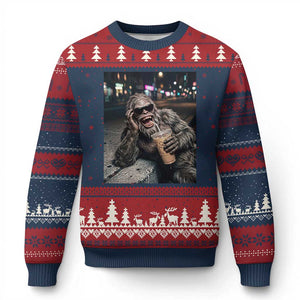 Bigfoot Drinking Iced Coffee Ugly Christmas Sweater Funny Sasquatch Streetwear TS14 Navy Red Print Your Wear