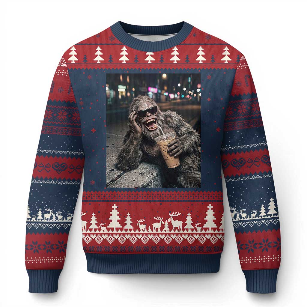 Bigfoot Drinking Iced Coffee Ugly Christmas Sweater Funny Sasquatch Streetwear TS14 Navy Red Print Your Wear