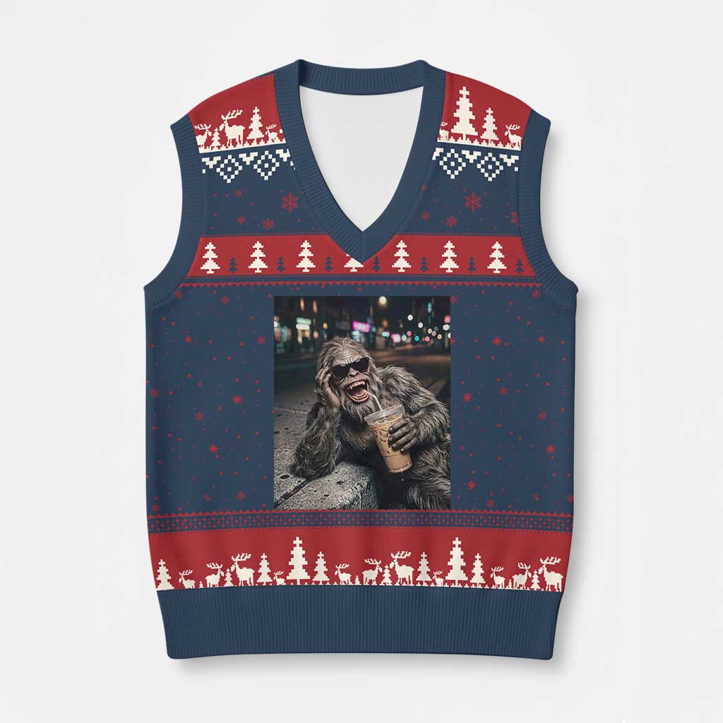 Bigfoot Drinking Iced Coffee V-Neck Knit Sweater Vest Funny Sasquatch Streetwear TS14 Navy Red Print Your Wear