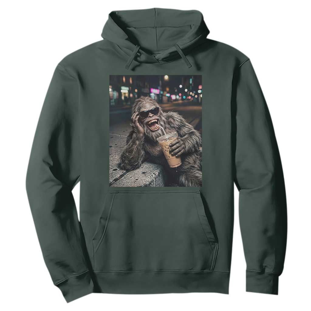 Bigfoot Drinking Iced Coffee Hoodie Funny Sasquatch Streetwear TS14 Dark Forest Green Print Your Wear