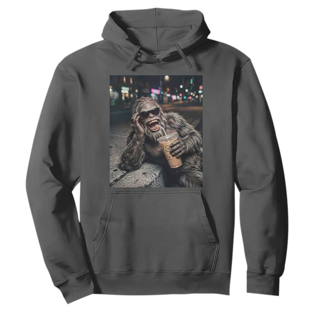 Bigfoot Drinking Iced Coffee Hoodie Funny Sasquatch Streetwear TS14 Dark Heather Print Your Wear