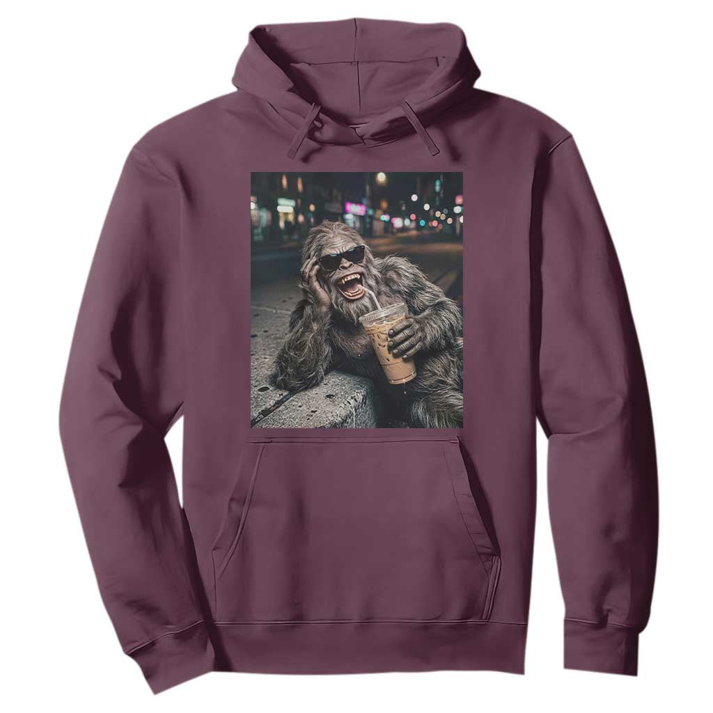 Bigfoot Drinking Iced Coffee Hoodie Funny Sasquatch Streetwear TS14 Maroon Print Your Wear