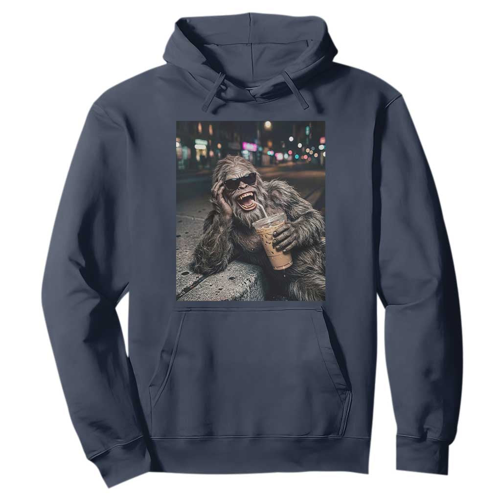 Bigfoot Drinking Iced Coffee Hoodie Funny Sasquatch Streetwear TS14 Navy Print Your Wear
