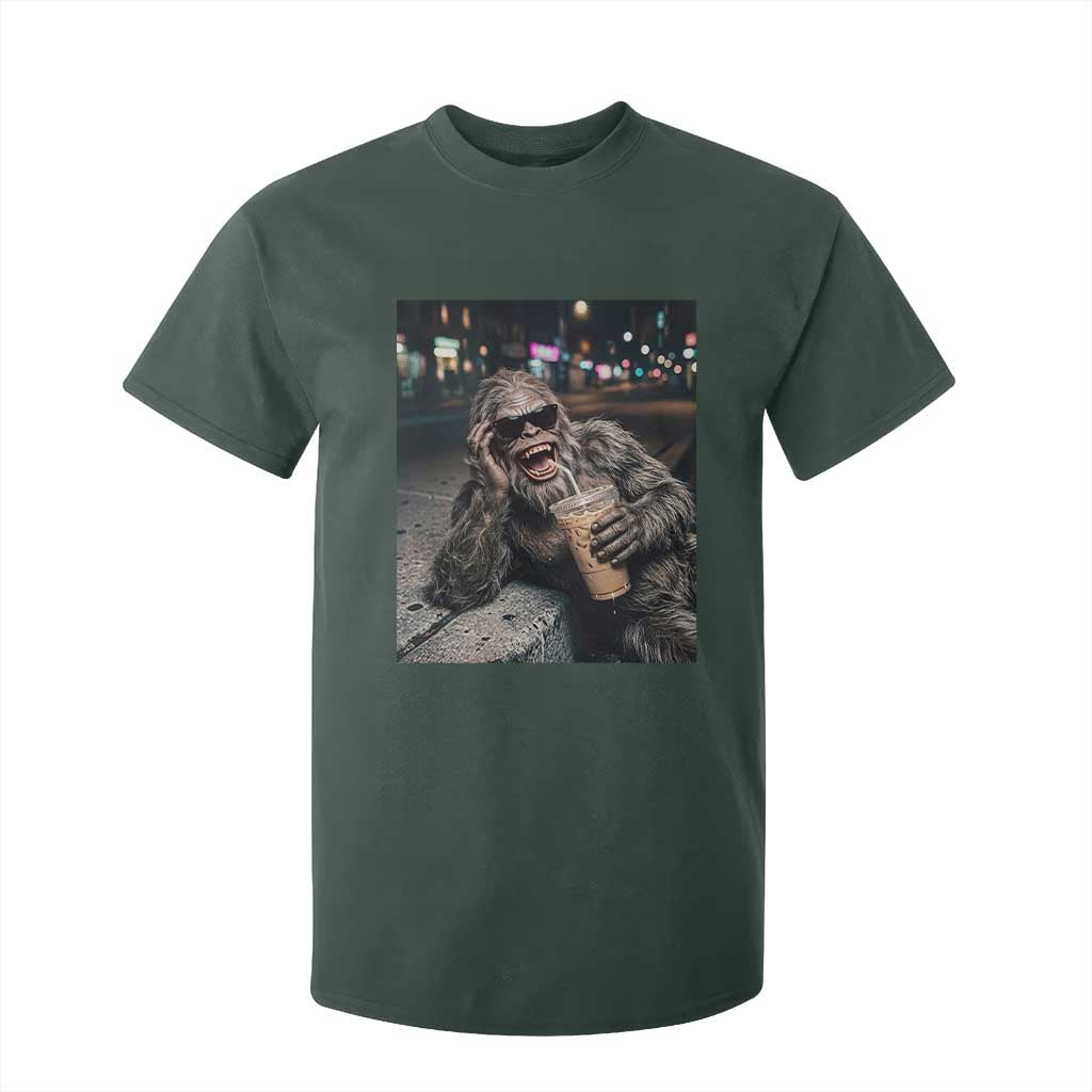 Bigfoot Drinking Iced Coffee T Shirt For Kid Funny Sasquatch Streetwear TS14 Dark Forest Green Print Your Wear