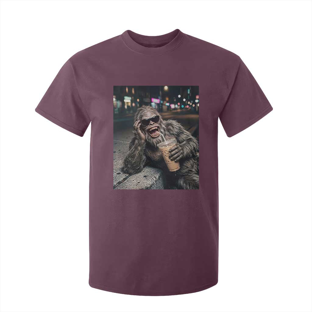 Bigfoot Drinking Iced Coffee T Shirt For Kid Funny Sasquatch Streetwear TS14 Maroon Print Your Wear