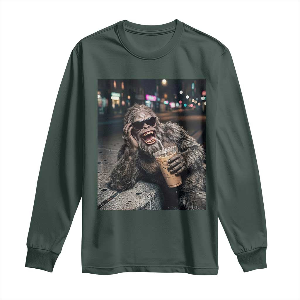 Bigfoot Drinking Iced Coffee Long Sleeve Shirt Funny Sasquatch Streetwear TS14 Dark Forest Green Print Your Wear