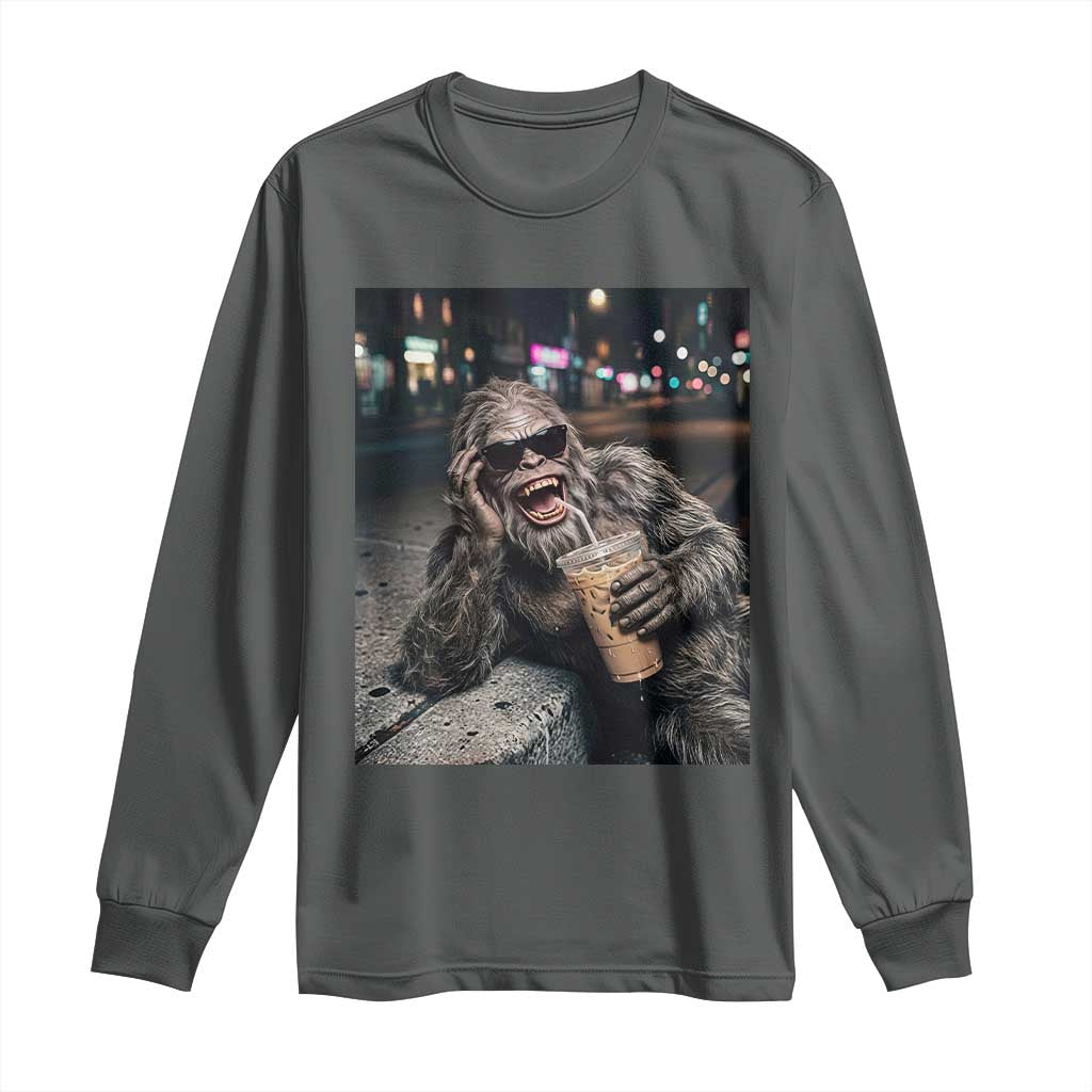 Bigfoot Drinking Iced Coffee Long Sleeve Shirt Funny Sasquatch Streetwear TS14 Dark Heather Print Your Wear
