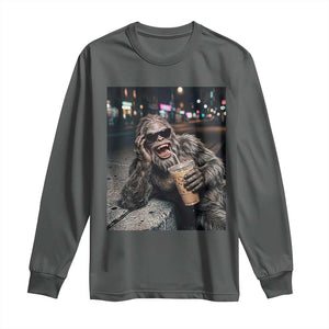 Bigfoot Drinking Iced Coffee Long Sleeve Shirt Funny Sasquatch Streetwear TS14 Dark Heather Print Your Wear