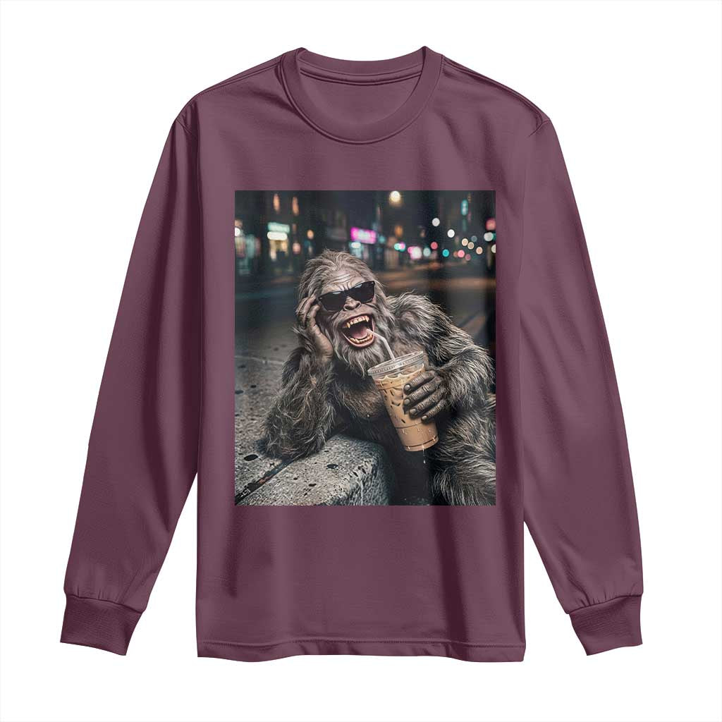 Bigfoot Drinking Iced Coffee Long Sleeve Shirt Funny Sasquatch Streetwear TS14 Maroon Print Your Wear