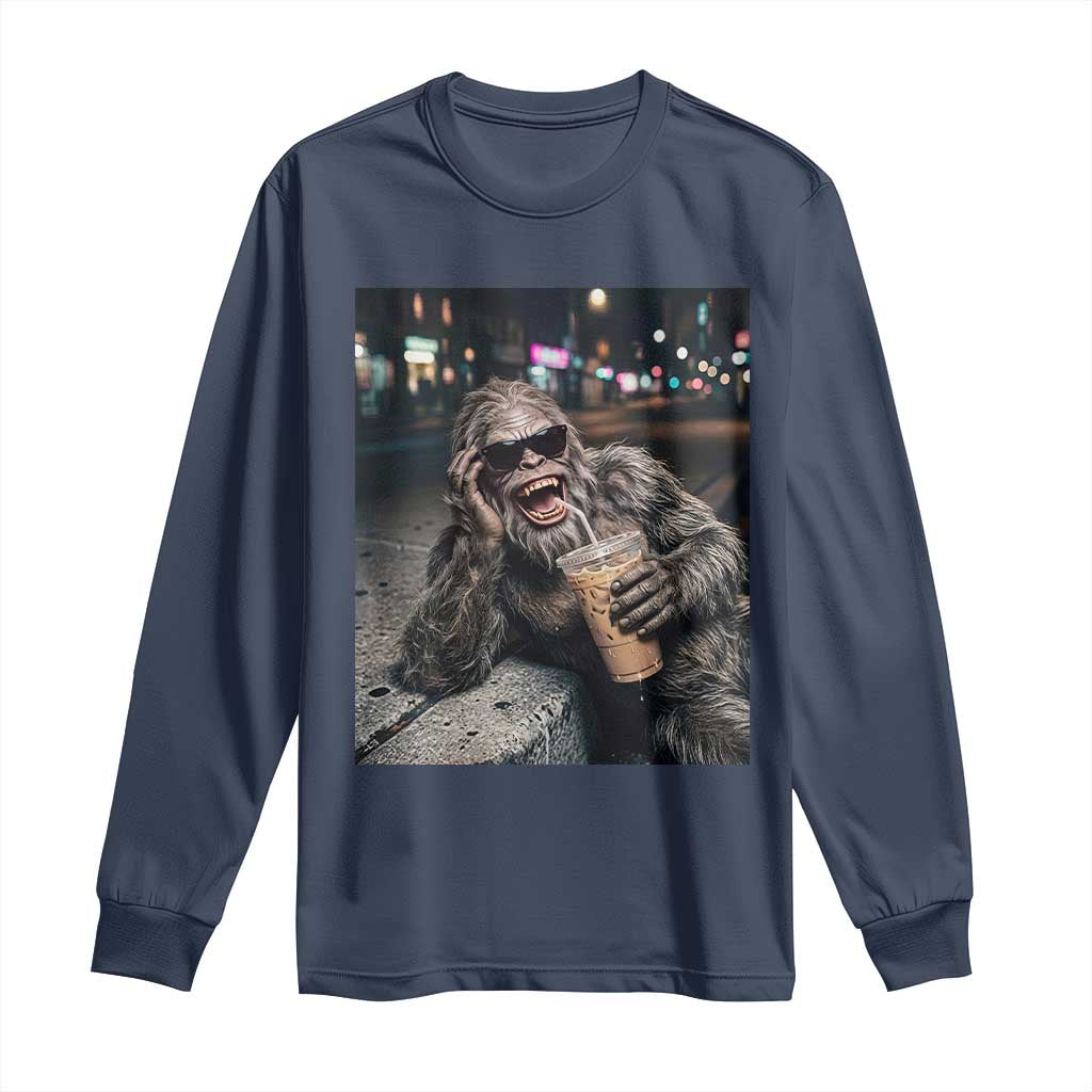 Bigfoot Drinking Iced Coffee Long Sleeve Shirt Funny Sasquatch Streetwear TS14 Navy Print Your Wear