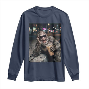 Bigfoot Drinking Iced Coffee Long Sleeve Shirt Funny Sasquatch Streetwear TS14 Navy Print Your Wear