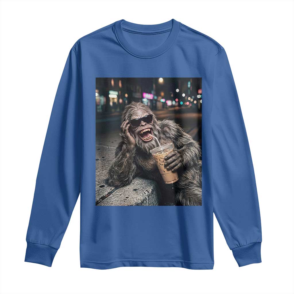 Bigfoot Drinking Iced Coffee Long Sleeve Shirt Funny Sasquatch Streetwear TS14 Royal Blue Print Your Wear