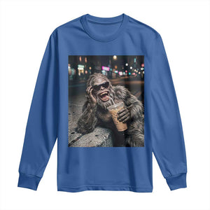 Bigfoot Drinking Iced Coffee Long Sleeve Shirt Funny Sasquatch Streetwear TS14 Royal Blue Print Your Wear