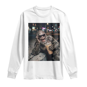 Bigfoot Drinking Iced Coffee Long Sleeve Shirt Funny Sasquatch Streetwear TS14 White Print Your Wear