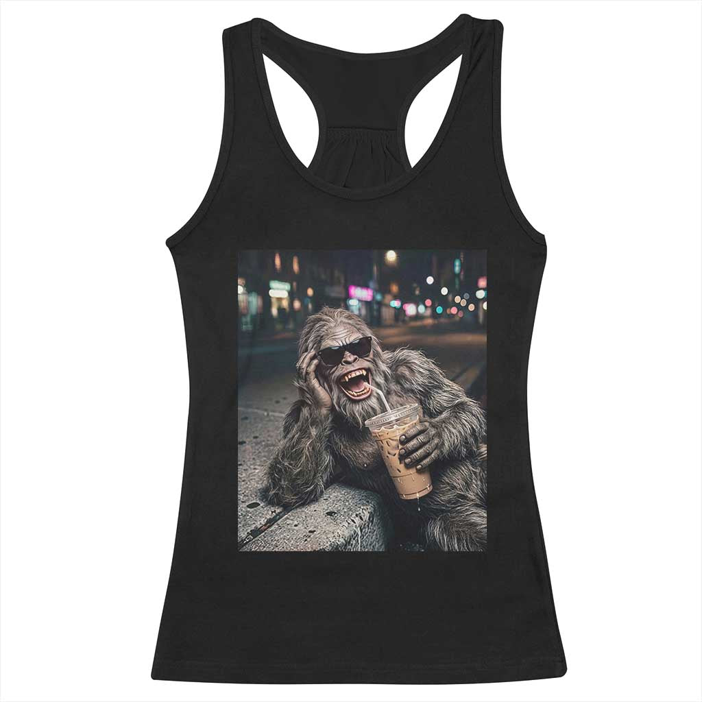 Bigfoot Drinking Iced Coffee Racerback Tank Top Funny Sasquatch Streetwear TS14 Black Print Your Wear
