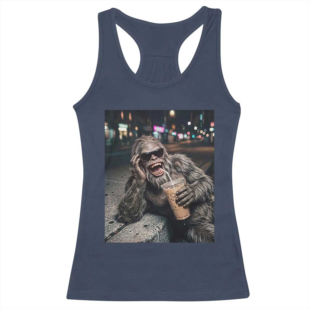 Bigfoot Drinking Iced Coffee Racerback Tank Top Funny Sasquatch Streetwear TS14 Navy Print Your Wear