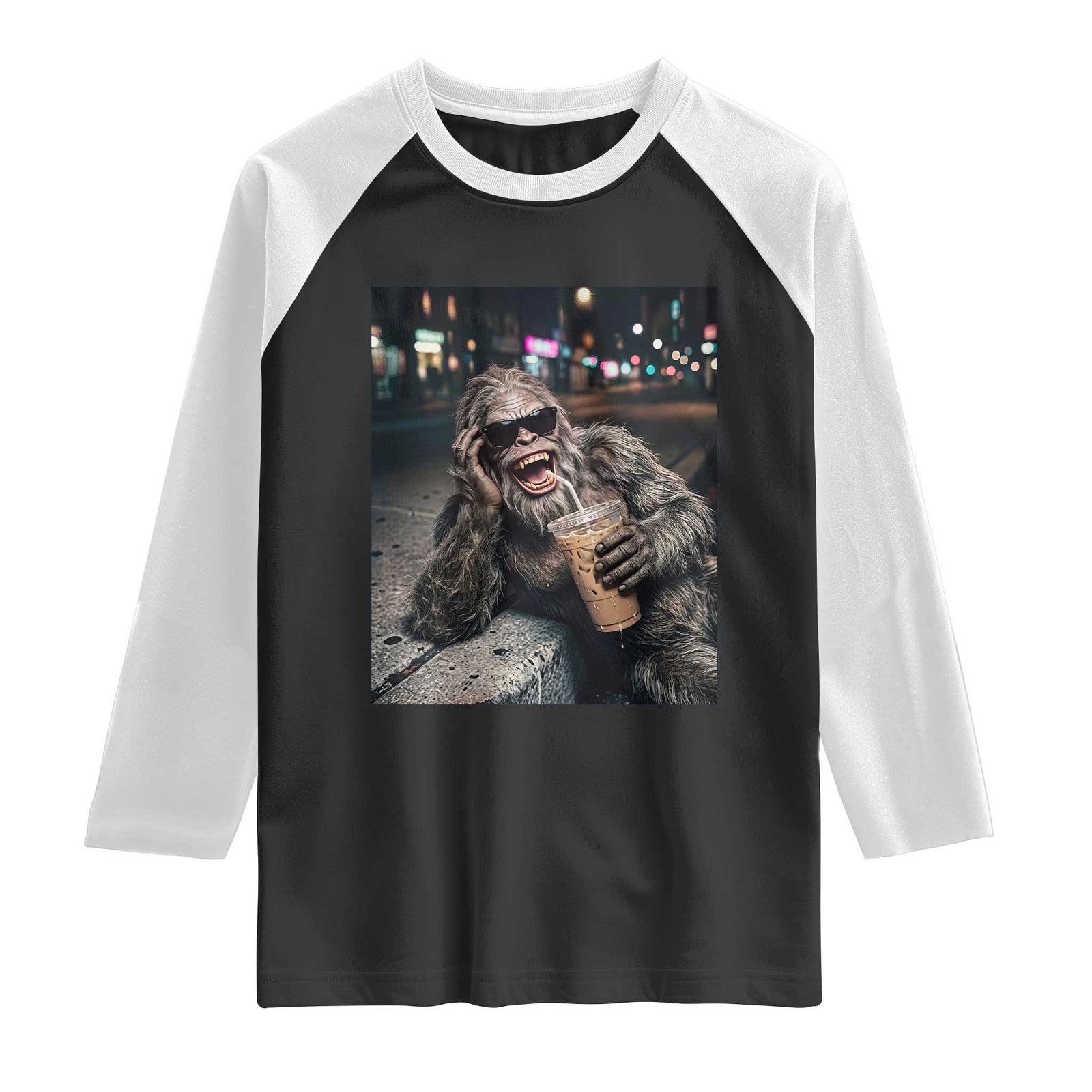 Bigfoot Drinking Iced Coffee Raglan Shirt Funny Sasquatch Streetwear TS14 Black White Print Your Wear