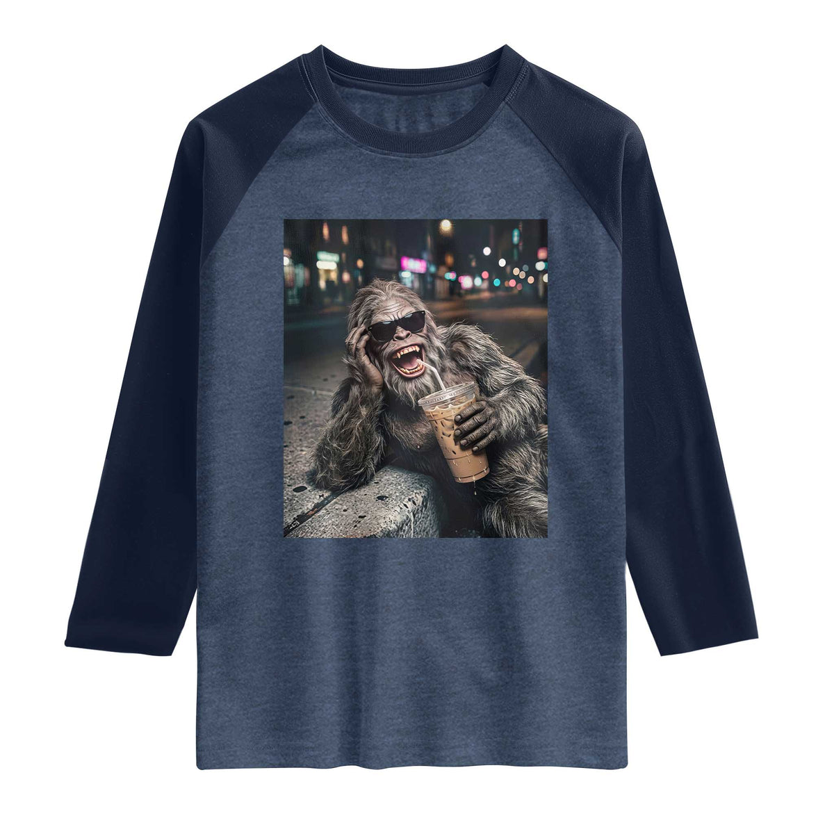 Bigfoot Drinking Iced Coffee Raglan Shirt Funny Sasquatch Streetwear TS14 Heather Denim Navy Print Your Wear