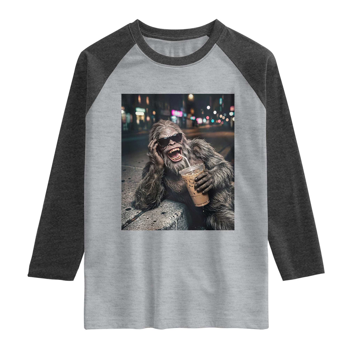 Bigfoot Drinking Iced Coffee Raglan Shirt Funny Sasquatch Streetwear TS14 Heather Gray Heather Charcoal Print Your Wear
