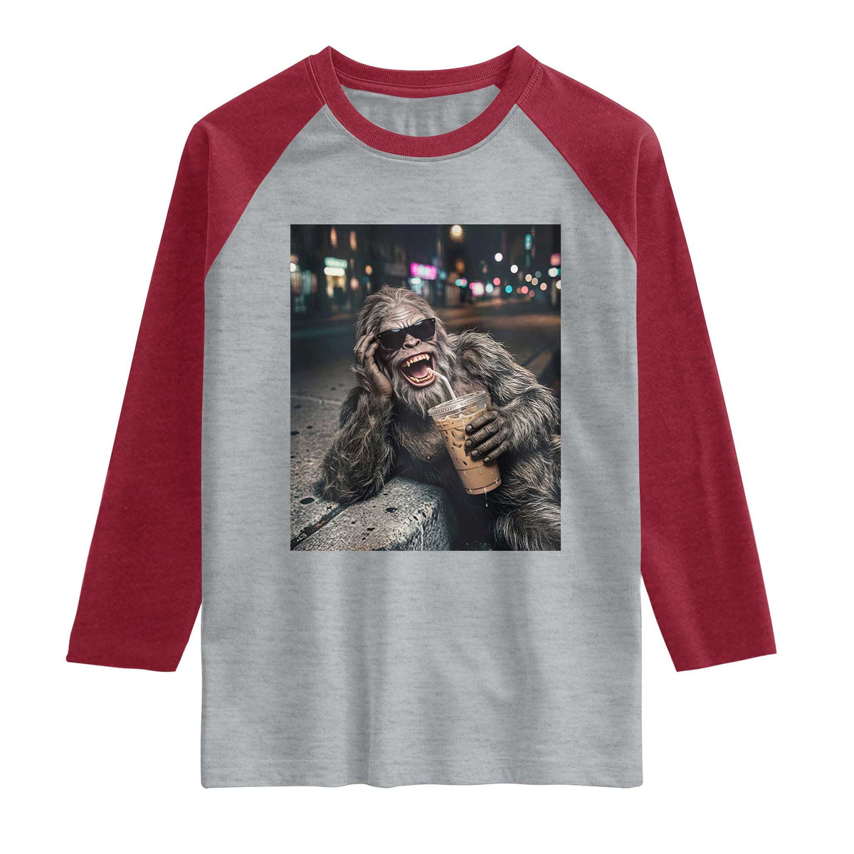 Bigfoot Drinking Iced Coffee Raglan Shirt Funny Sasquatch Streetwear TS14 Heather Gray Heather Red Print Your Wear