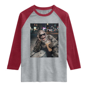Bigfoot Drinking Iced Coffee Raglan Shirt Funny Sasquatch Streetwear TS14 Heather Gray Heather Red Print Your Wear