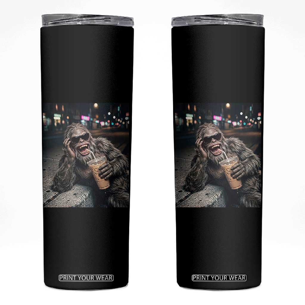 Bigfoot Drinking Iced Coffee Skinny Tumbler Funny Sasquatch Streetwear TS14 Black Print Your Wear