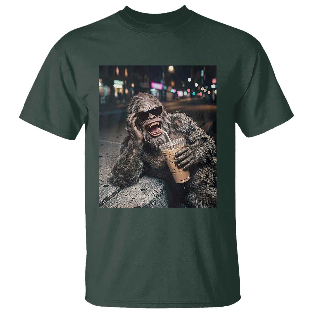 Bigfoot Drinking Iced Coffee T Shirt Funny Sasquatch Streetwear TS14 Dark Forest Green Print Your Wear