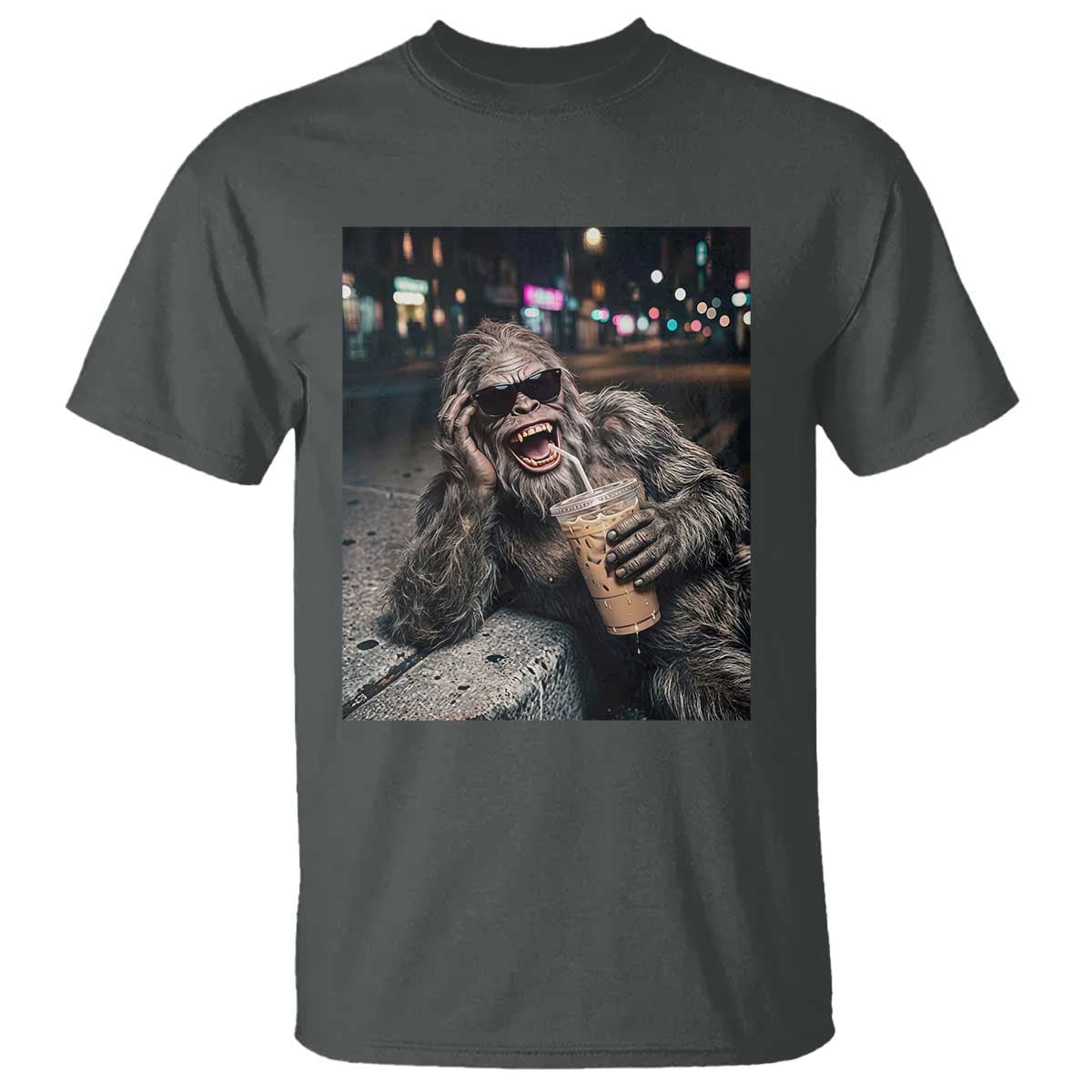 Bigfoot Drinking Iced Coffee T Shirt Funny Sasquatch Streetwear TS14 Dark Heather Print Your Wear