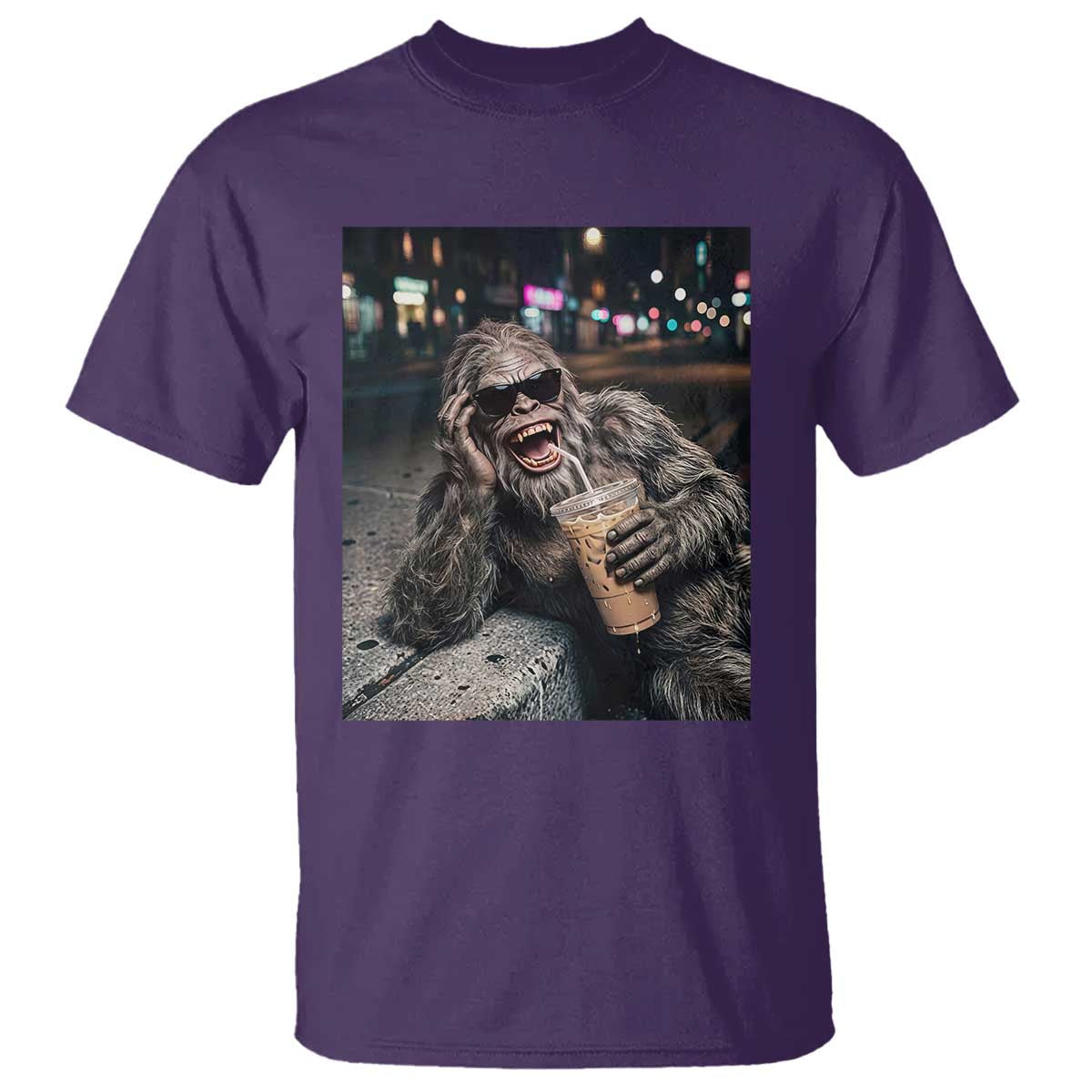 Bigfoot Drinking Iced Coffee T Shirt Funny Sasquatch Streetwear TS14 Purple Print Your Wear