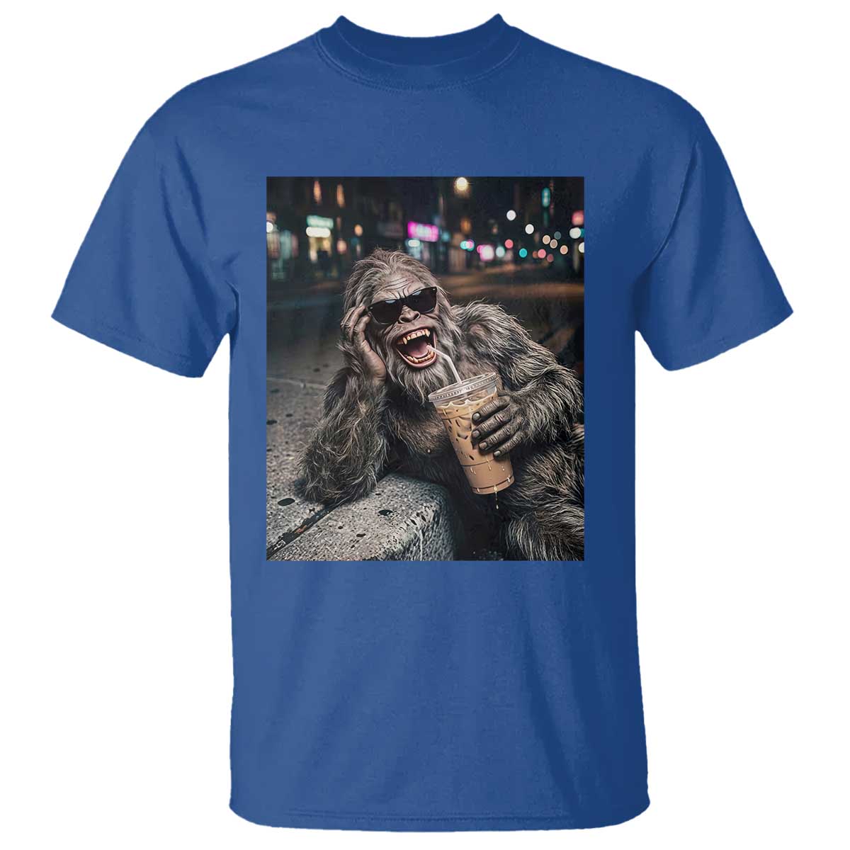 Bigfoot Drinking Iced Coffee T Shirt Funny Sasquatch Streetwear TS14 Royal Blue Print Your Wear
