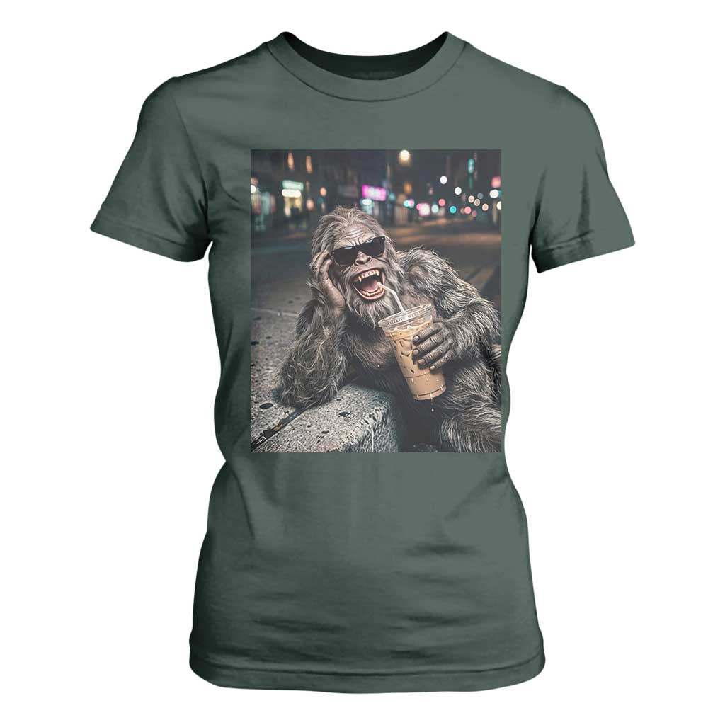 Bigfoot Drinking Iced Coffee T Shirt For Women Funny Sasquatch Streetwear TS14 Dark Forest Green Print Your Wear