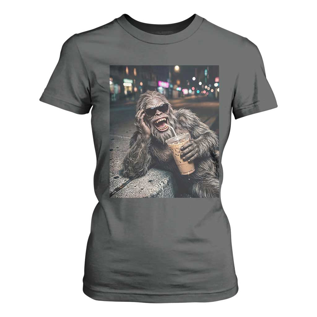 Bigfoot Drinking Iced Coffee T Shirt For Women Funny Sasquatch Streetwear TS14 Dark Heather Print Your Wear