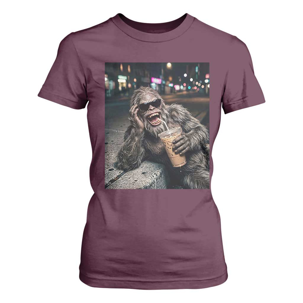 Bigfoot Drinking Iced Coffee T Shirt For Women Funny Sasquatch Streetwear TS14 Maroon Print Your Wear