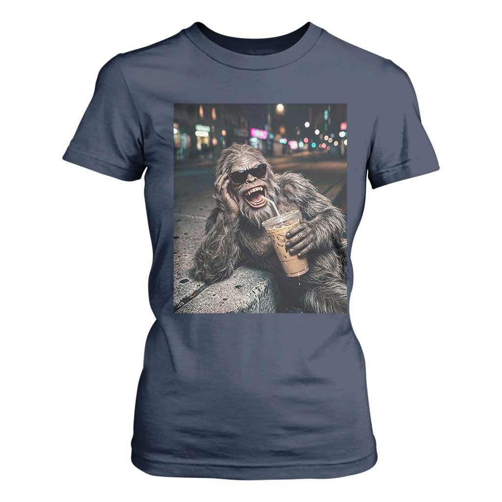Bigfoot Drinking Iced Coffee T Shirt For Women Funny Sasquatch Streetwear TS14 Navy Print Your Wear