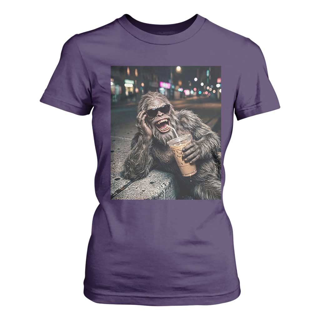 Bigfoot Drinking Iced Coffee T Shirt For Women Funny Sasquatch Streetwear TS14 Purple Print Your Wear