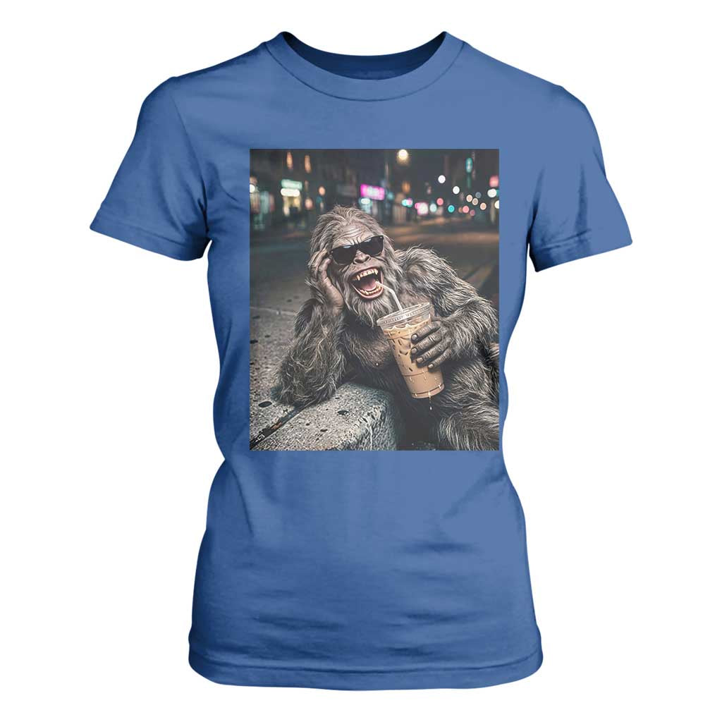 Bigfoot Drinking Iced Coffee T Shirt For Women Funny Sasquatch Streetwear TS14 Royal Blue Print Your Wear