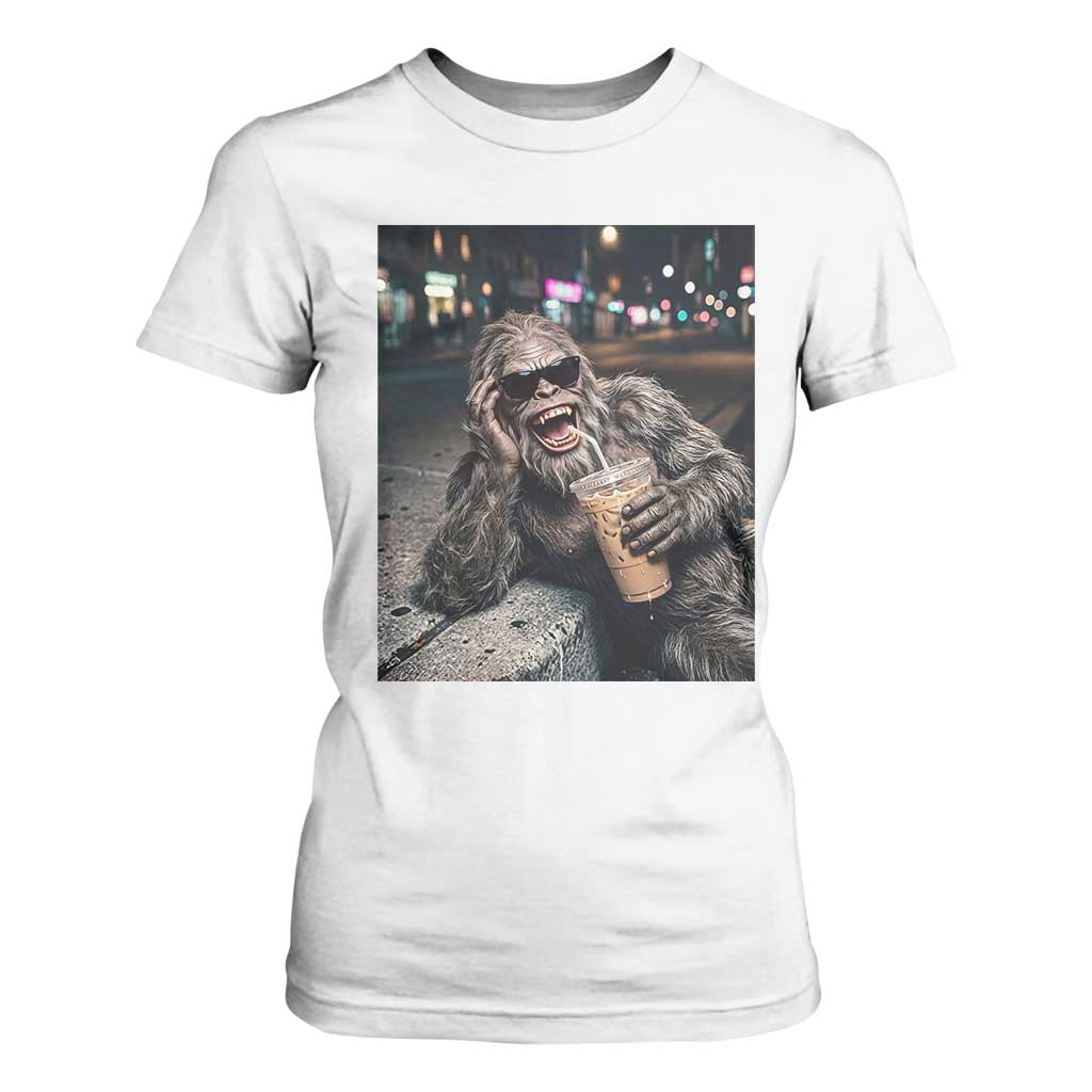 Bigfoot Drinking Iced Coffee T Shirt For Women Funny Sasquatch Streetwear TS14 White Print Your Wear
