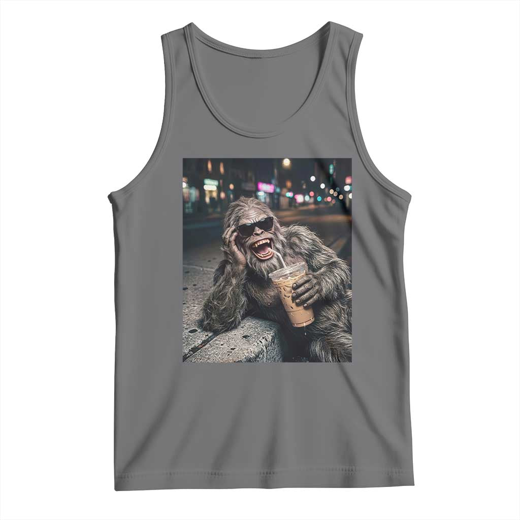 Bigfoot Drinking Iced Coffee Tank Top Funny Sasquatch Streetwear TS14 Black Heather Print Your Wear
