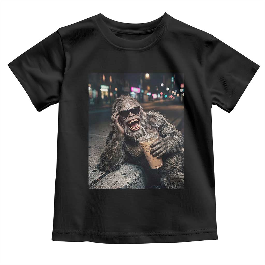 Bigfoot Drinking Iced Coffee Toddler T Shirt Funny Sasquatch Streetwear TS14 Black Print Your Wear