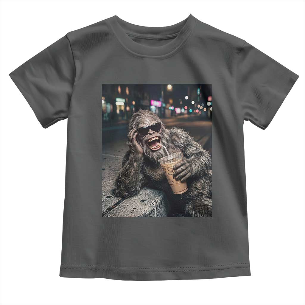 Bigfoot Drinking Iced Coffee Toddler T Shirt Funny Sasquatch Streetwear TS14 Dark Heather Print Your Wear