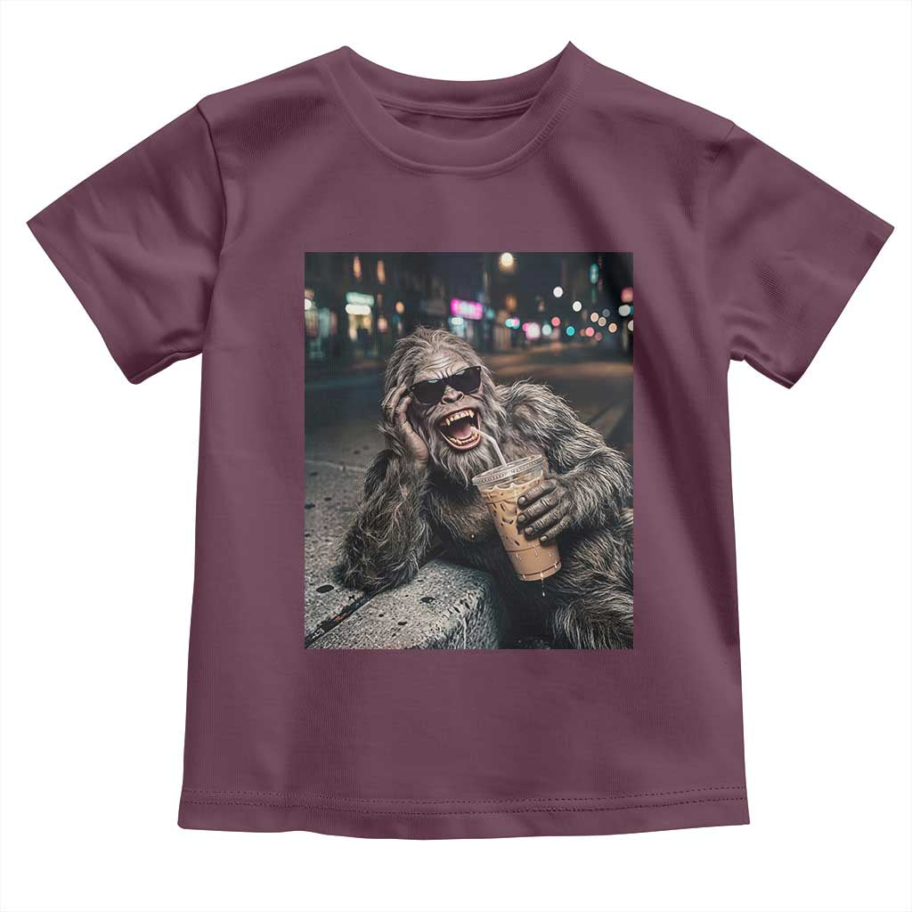 Bigfoot Drinking Iced Coffee Toddler T Shirt Funny Sasquatch Streetwear TS14 Maroon Print Your Wear