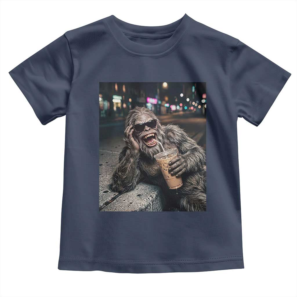 Bigfoot Drinking Iced Coffee Toddler T Shirt Funny Sasquatch Streetwear TS14 Navy Print Your Wear