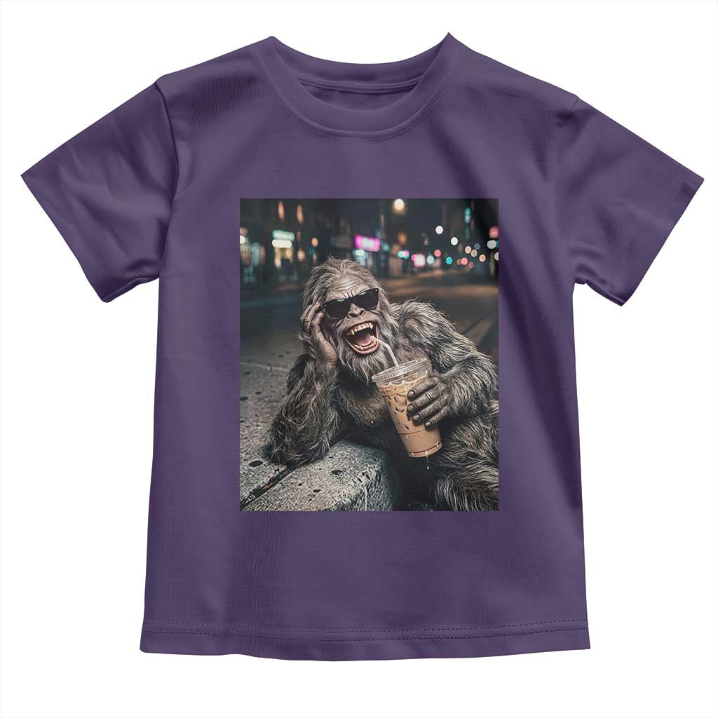 Bigfoot Drinking Iced Coffee Toddler T Shirt Funny Sasquatch Streetwear TS14 Purple Print Your Wear