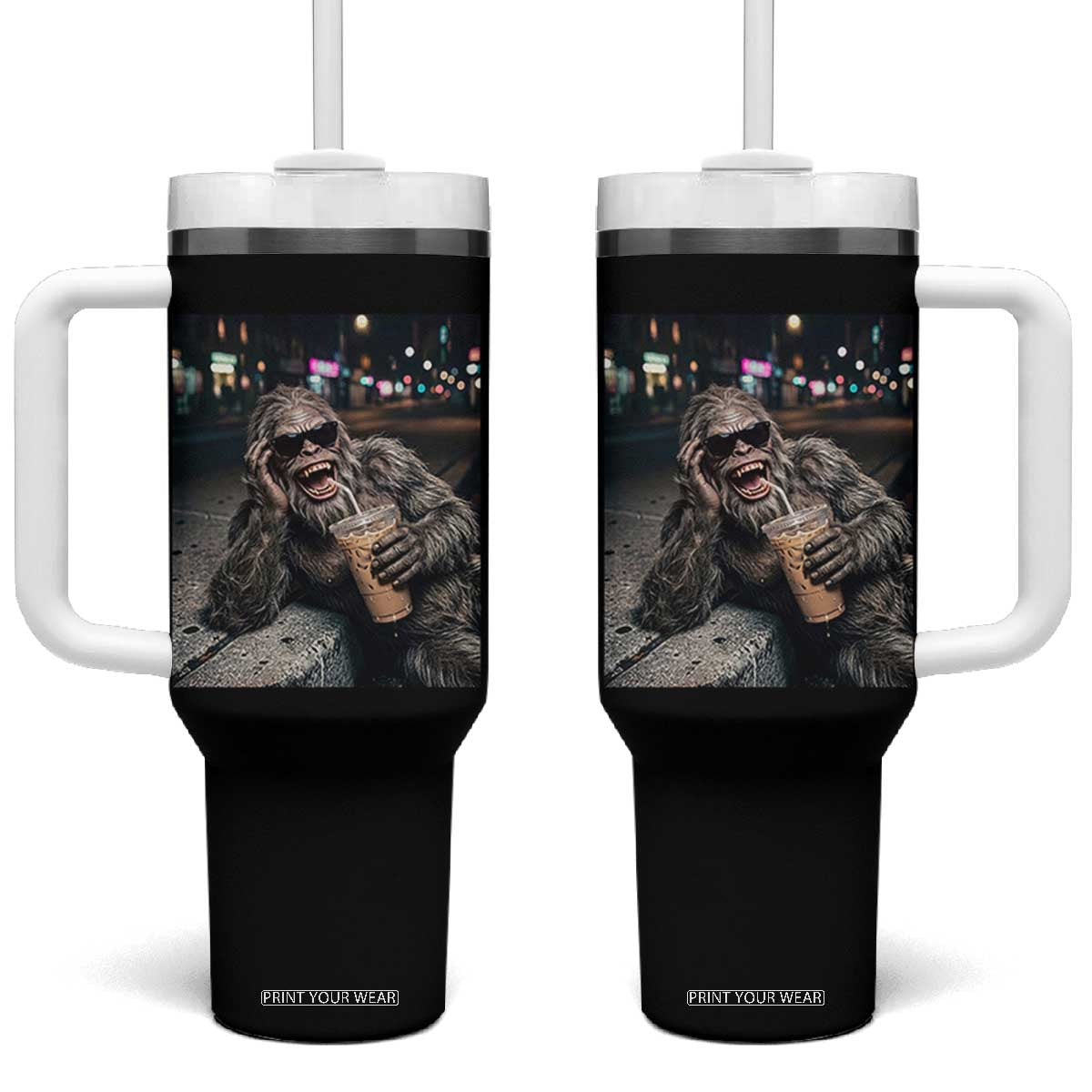 Bigfoot Drinking Iced Coffee Tumbler With Handle Funny Sasquatch Streetwear TS14 One Size: 40 oz Black Print Your Wear