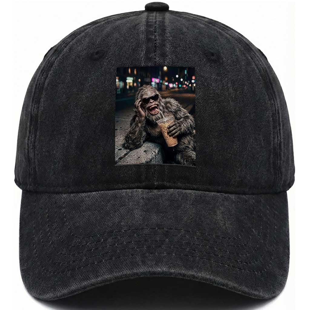 Bigfoot Drinking Iced Coffee Washed Cotton Baseball Cap Funny Sasquatch Streetwear TS14 Washed Cap Universal Fit Black Print Your Wear