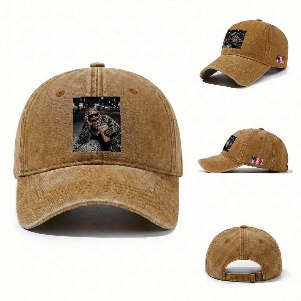 Bigfoot Drinking Iced Coffee Washed Cotton Baseball Cap Funny Sasquatch Streetwear TS14 Washed Cap Universal Fit Yellow Ochre Print Your Wear
