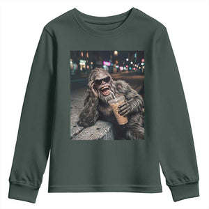 Bigfoot Drinking Iced Coffee Youth Sweatshirt Funny Sasquatch Streetwear TS14 Dark Forest Green Print Your Wear