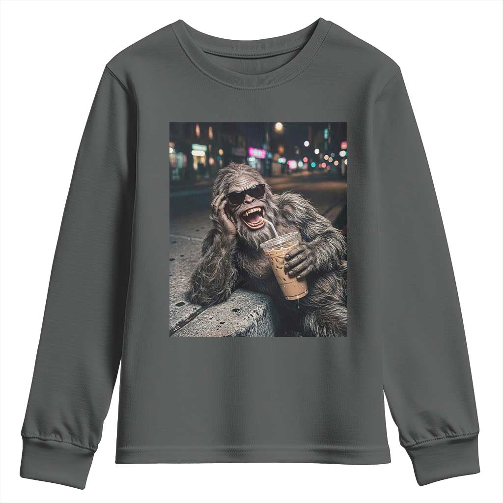 Bigfoot Drinking Iced Coffee Youth Sweatshirt Funny Sasquatch Streetwear TS14 Dark Heather Print Your Wear